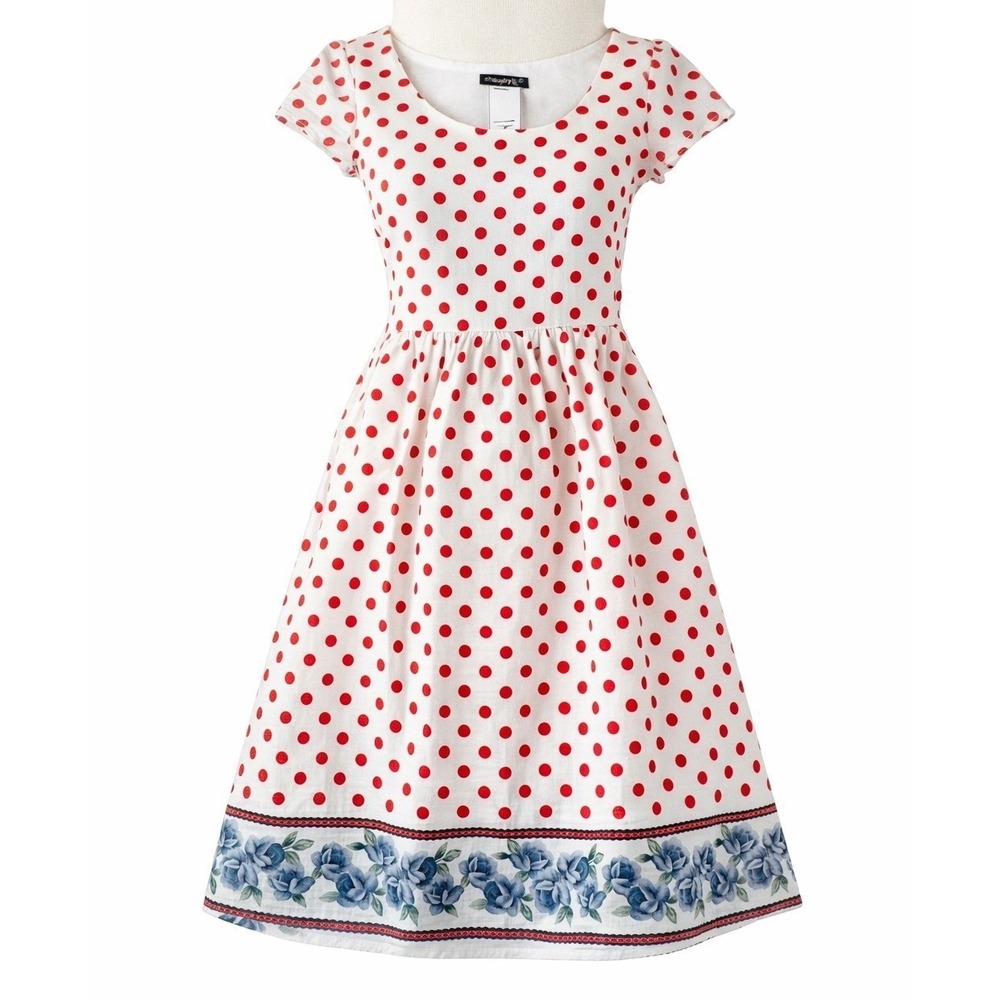 Chaudry KC Red Polka Dot Dress w/ Blue Floral Border Y2K Boho Small NWT Festival